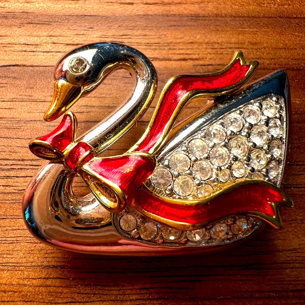 Vintage 2000s Signed Swarovski Silver Swan Brooch Pin with Red Enamel Ribbon